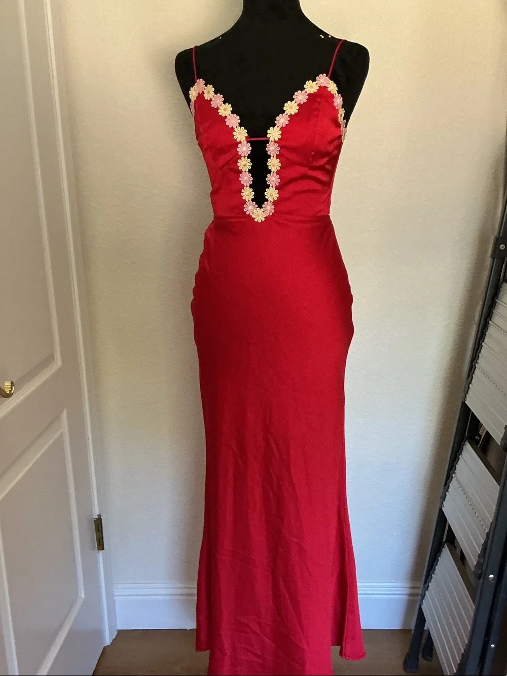 Sleeveless Red Maxi Dress with Floral Trim Accents - Picture 1 of 4